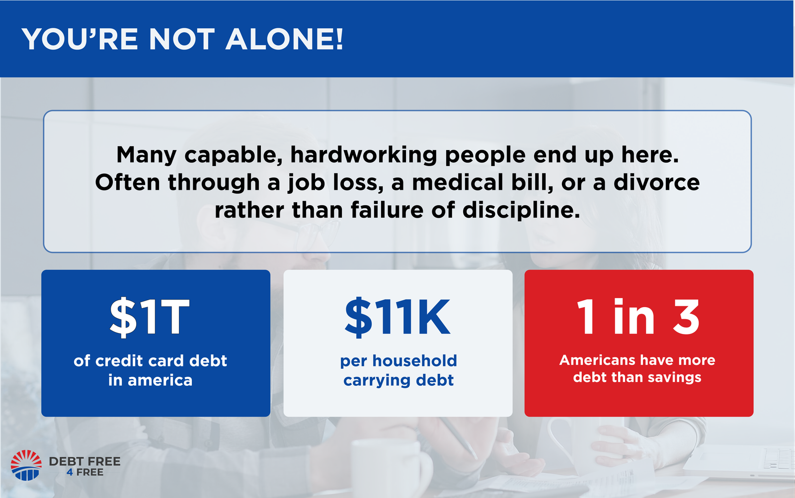 Infographic reassuring readers they are not alone in struggling with debt, with support options available
